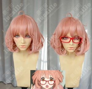 Beyond the Boundary Mirai Kuriyama Nail Pink Short Red Glasses Cosplay Party Wig