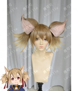 Sword Art Online Ⅱ Silica Light Brwon Mix Pink Cat Ears Elf Ver Short Cosplay Party Wig