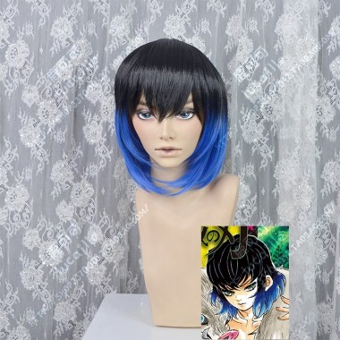 Demon Slayer: Kimetsu no Yaiba Hashibira Inosuke Black Gradient Blue Cosplay Party Wig