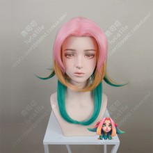 League of Legends Neeko Star Guardian Skin Pink Gradient rown and Green Center Parting Short Cosplay Party Wig