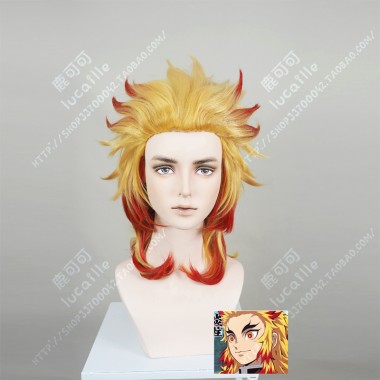 Demon Slayer: Kimetsu no Yaiba Rengoku Kyoujurou Gloden Gradient Red Full Back Style Short Cosplay Party Wig